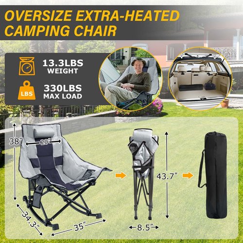 SOROVEE Heated Camping Chair Oversize, XL Heated Rocking Chair with 3 Levels for Back and Seat, Portable Outdoor Heated Folding Chair, Heavy Lawn Chair for Camping (Grey, Included Power Bank)