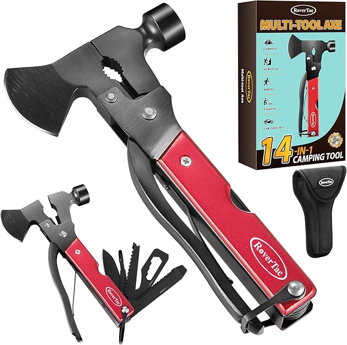 RoverTac 14-in-1 Multitool Camping Axe Hatchet – Essential Camping Gear with Knife, Hammer, Saw, Bottle Opener, Screwdriver – Multi Tool with Sheath – Gifts for Men, Dad, and Outdoor Adventures