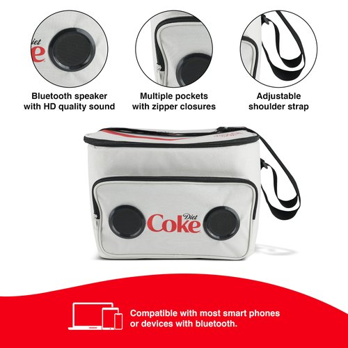 Diet Coke Cooler Bag with Built-In Bluetooth Stereo Speakers, Multi-Zipped Pockets, 24 Can Capacity, Adjustable Shoulder Strap, 12 Hours of Insulated Cooling and Freshness, for Camping, Fishing, Beach