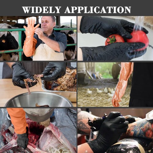 60 Pairs Field Dressing Gloves Deer Gutting Hunting Cleaning Mittens Accessory Kit Include Disposable Arm Gloves and Short Nitrile Gloves Combo with Rubber Bands Black Orange