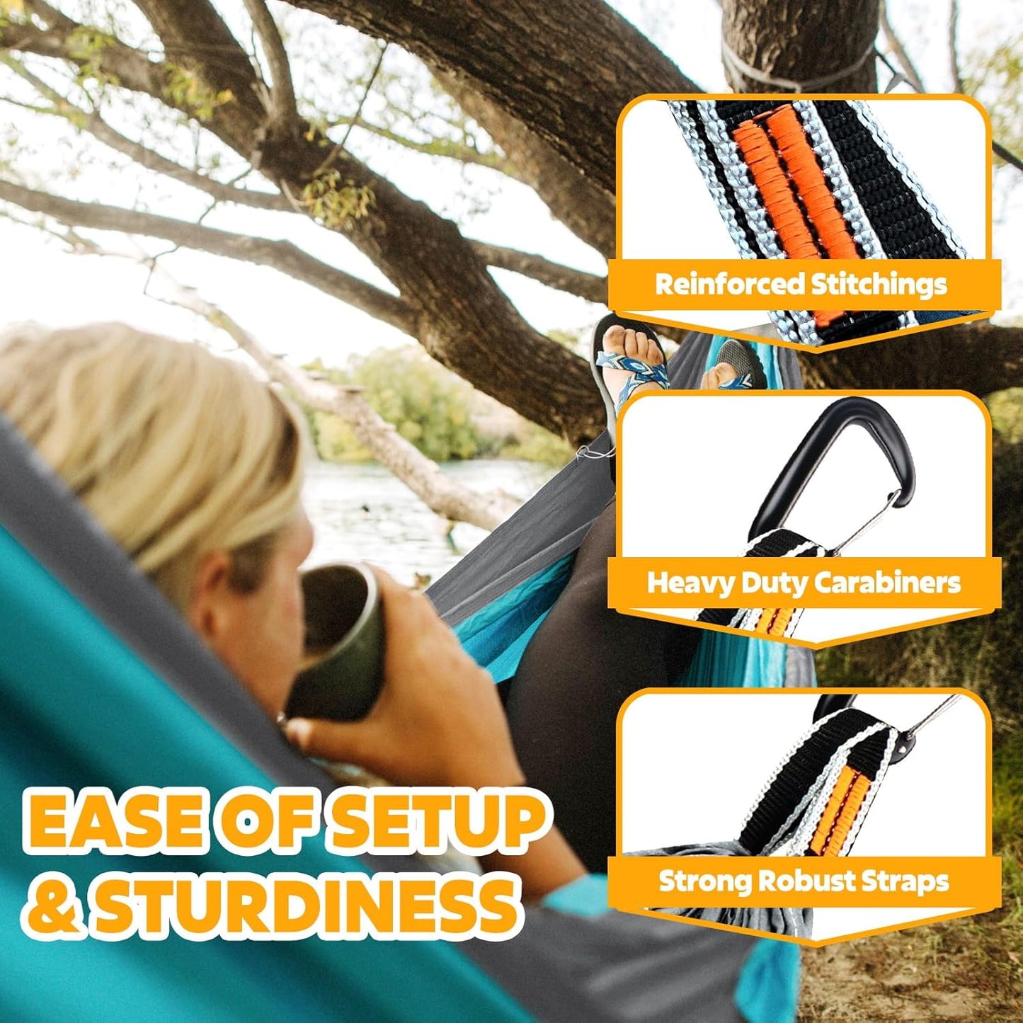 NATUREFUN Ultra-Light Travel Camping Hammock | 300kg Load Capacity,Breathable,Quick-Drying | 2 x Premium Carabiners,2 x Nylon Slings Included | Outdoor Indoor Garden