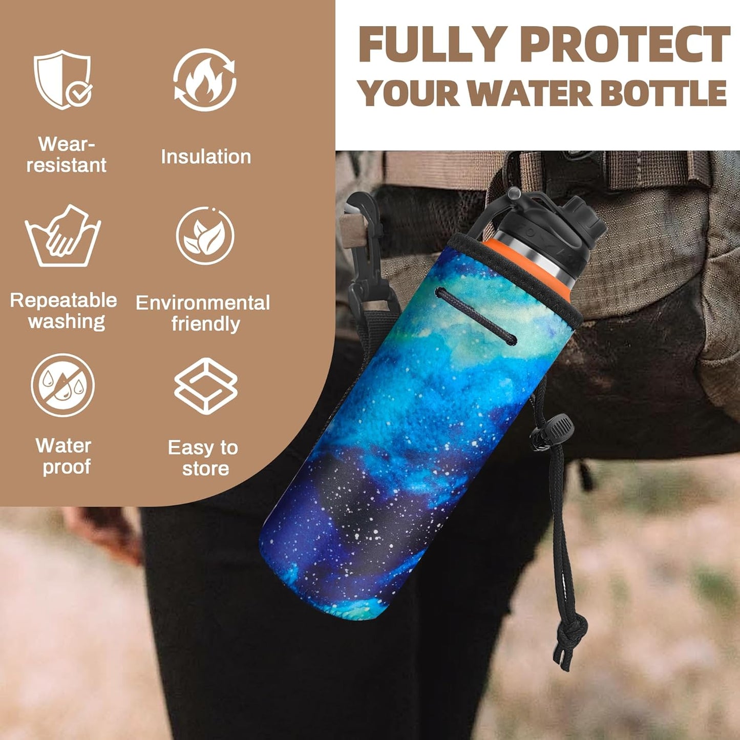 Water Bottle Carrier,Insulated Neoprene Water Gym Travel bottle Holder Bag Protector Sleeve Case Pouch Cover 0.6L or 0.75L, Great for Stainless Steel and Plastic Bottles (BLUE STAR)