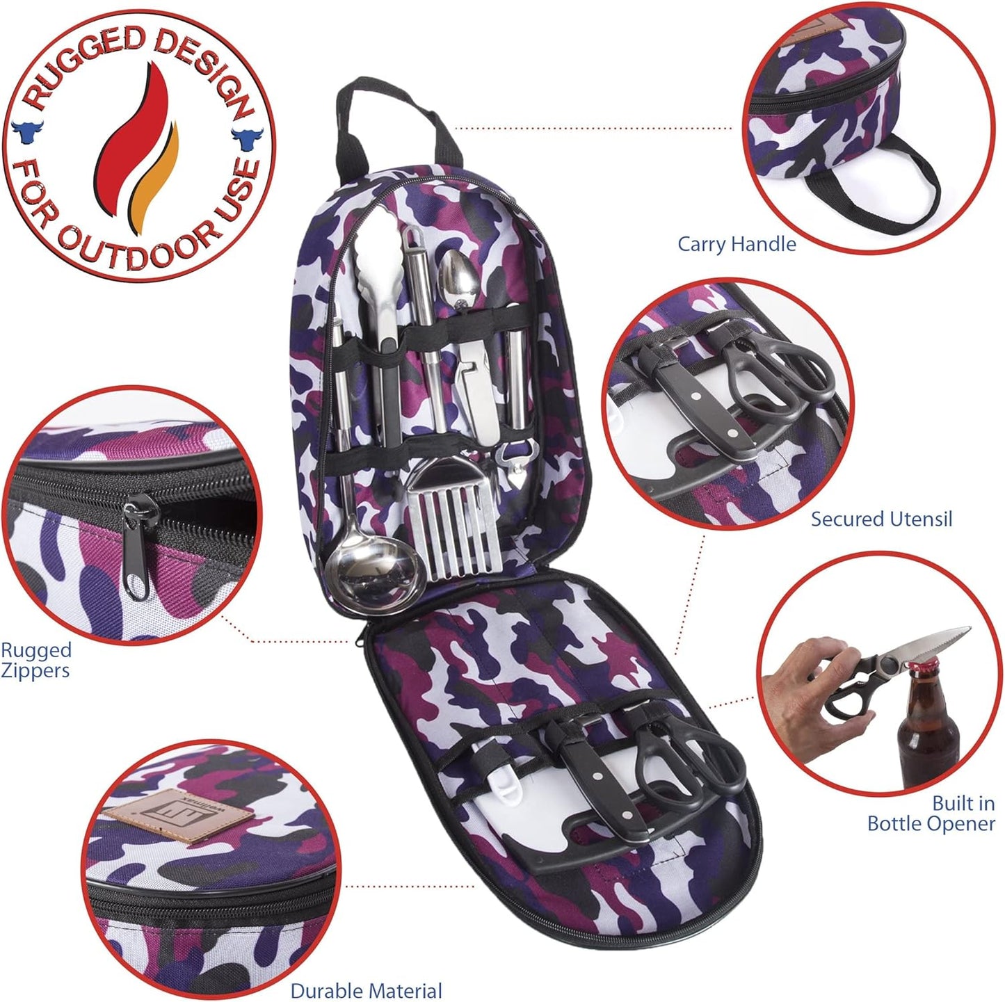 Wellmax 10-Piece Stainless Steel Camping Cooking Set – Compact All-in-One Cookware Kit with Utensils & Travel Bag for Campers, Hikers, Outdoor Adventures, Purple Camo Color