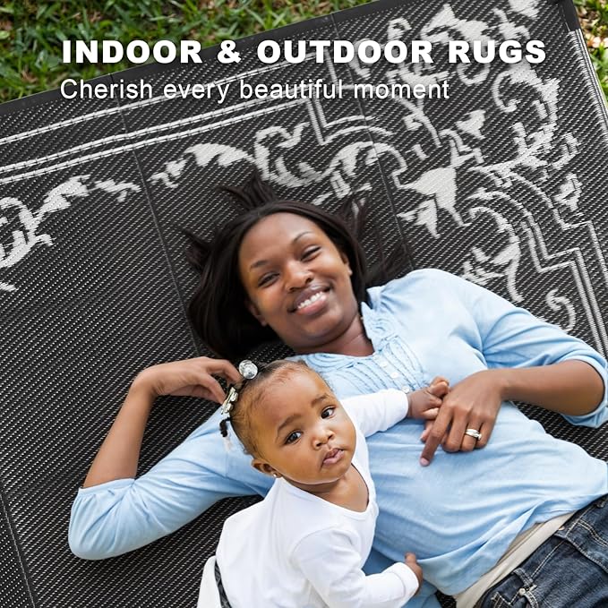 wikiwiki Outdoor Rug, 6x9ft Waterproof Reversible Mat Indoor Outdoor Rugs Carpet, Small Area Rug Plastic Straw Rug for Patio Deck Balcony Pool RV Camping Beach Picnic, Classic Black, Rugscape Series