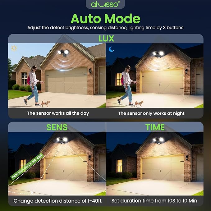 ALUSSO® Motion Sensor Outdoor Lights, 30W 2700LM LED Flood Light Outdoor Metal Heads, 3 Modes(Dusk to Dawn/Auto/On Time) & 3CCT 3000K/4000K/6500K, Waterproof Hardwired Security Light ETL Listed, 1PC