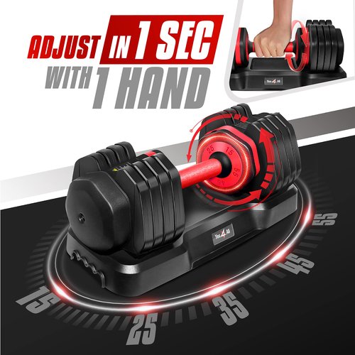 Yes4All 55lbs Pair Red Grip Adjustable Dumbbells Weights, 5 in 1 Weights Dumbbell with One Second Dial Handle for Different Workout Levels