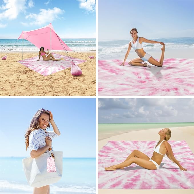 Beach Blanket Waterproof Sandproof, 10'X 9' Extra Large Oversized Beach Mat for 2-8 Adult, Quick Drying Lightweight &Compact Polyester Picnic Blankets for Outdoor, Travel, Camping, Hiking-Pink Tie-dye