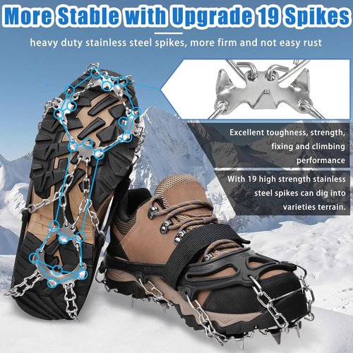 Crampons 19 Spikes Shoes Anti Slip Ice Cleats for Shoes and Boots, Traction Snow Cleats Crampons for Hiking Boots Women Men Safe Protect for Winter Walking Hiking Ice Fishing