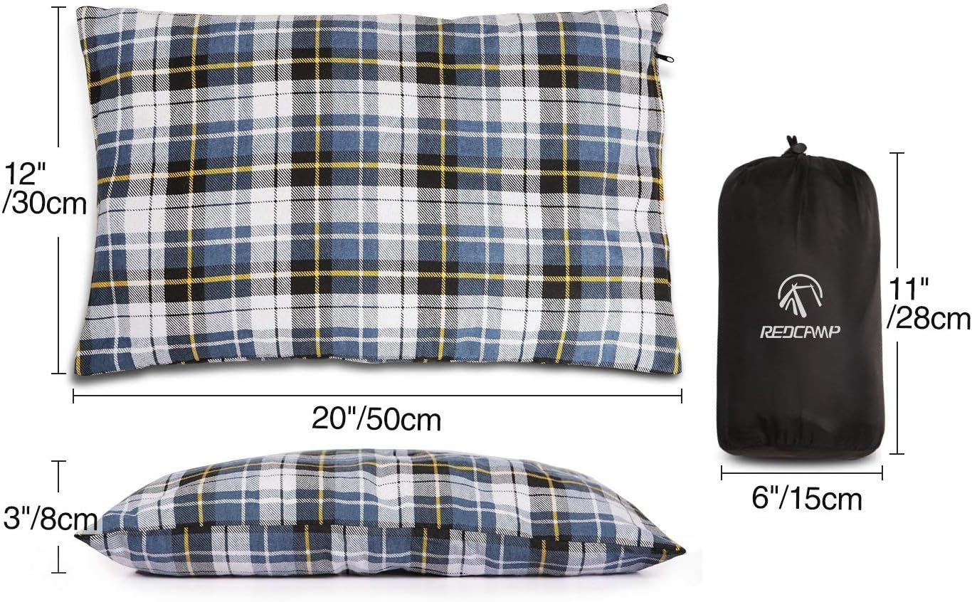 REDCAMP Small Camping Pillow Lightweight and Compressible, Flannel Travel Pillow with Removable Pillow Cover, 2 Pack