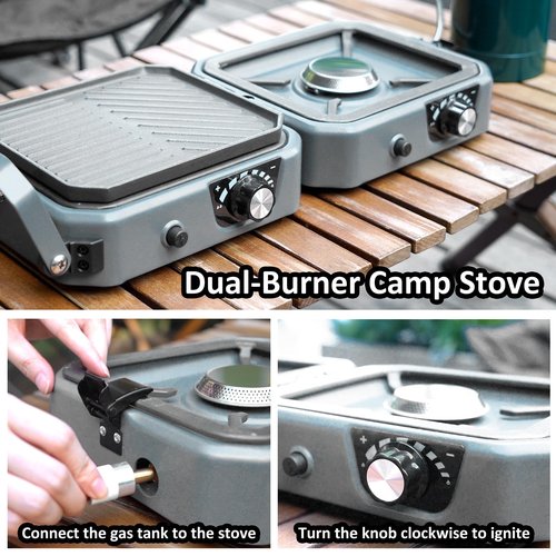 2 Burner Propane Camping Stove with Grill - CloudHand Foldable Camp Stove with 16,000 BTU, Two Adjustable Burners with Piezo Ignition & Easy Carrying Handle Grey