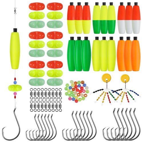 AGOOL Catfishing Tackle Making Kit Catfish Rig Accessories 124PCS Catfish Tackle with Catfish Floats Catfish Hooks Bobber Stoppers Swivels Fishing Rattle Bells Fishing Beads Santee Cooper Rig