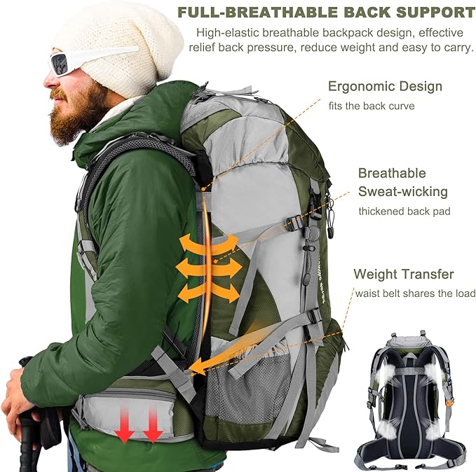 Loowoko 50L Hiking Backpack, Waterproof Camping Essentials Bag with Rain Cover, 45+5 Liter Lightweight Backpacking Back Pack