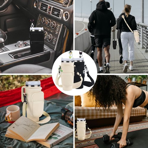 FYD Water Bottle Carrier Bag for Stanley 40oz Tumbler with Phone Pocket Neoprene Water Bottle Holder Pouch with Adjustable Strap, Straw Cover & Keychain for Stanley Cup Accessories (Beige)