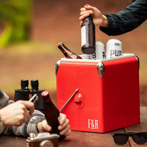 Foster & Rye Stainless Steel Retro Cooler, Vintage Metal cooler, Antique Beverage Chiller and Ice Chest, Plastic Lined Drink Chest, Mounted Bottle Opener, Holds a 6-pack, Red