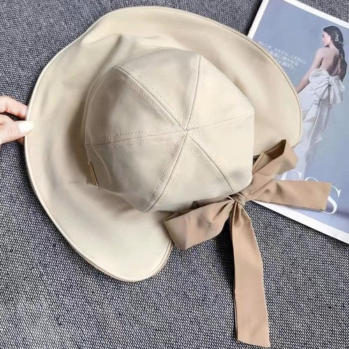 huablo Wide Brim Hats for Woman Foldable Hats Sun Hats for Women uv Protection Bowknot Fishing hat Adjustable hat with Ponytail Hole Beige