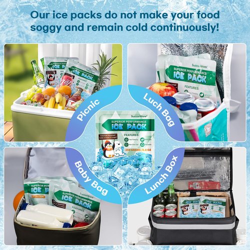 SuccorWare 5 Packs Reusable Ice Packs for Lunch Boxes - 12+ Hour Cooling Ice Gel Pack for Camping, Beach, Office - Ice Packs for Cooler Bag, Cooler Backpacks (250 Grams)