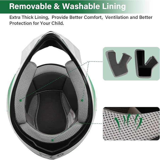 TCT-MOTORPARTS DOT Youth Kids Motocross ATV Helmets Offroad Street Dirt Bike Go-Kart BMX MX Full Face Helmet White w/Green Star X-Large Size