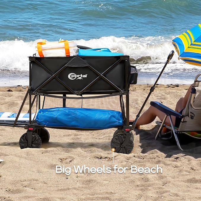 PORTAL 400L Collapsible Double Decker Wagon, Folding Wagon Cart with Tailgate, Beach Wagon with Big Wheels, 450LB Heavy Duty Foldable Wagon, Large Capacity Wagon for Camping, Sports, Garden, Baseball