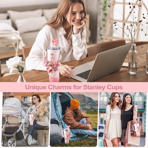 Stanley Cup Accessories Set,Bow Straw Cover, Water Bottle Handle Strap, Siliocne Cup Boot, Pearl Charms, Straw Topper for 40oz & 30oz Stanley Tumbler for Women (Pink)