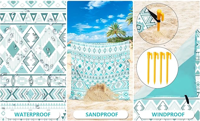 Beach Blanket Sandproof Extra Large Beach Mat Adults Waterproof Quick Drying Sand Free Mat Made by Premium Polyester with 4 Stakes & 4 Corner Pockets for Outdoor Travel Camping Hiking