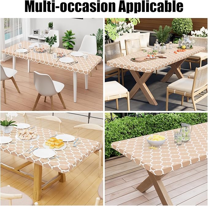Smiry Rectangle Picnic Table Cover, Waterproof Elastic Fitted Camping Tablecloths for 8 Foot Tables, Wipeable Flannel Backed Vinyl Tablecloth Protector for Indoor, Outdoor (Khaki, 30x96 Inches)