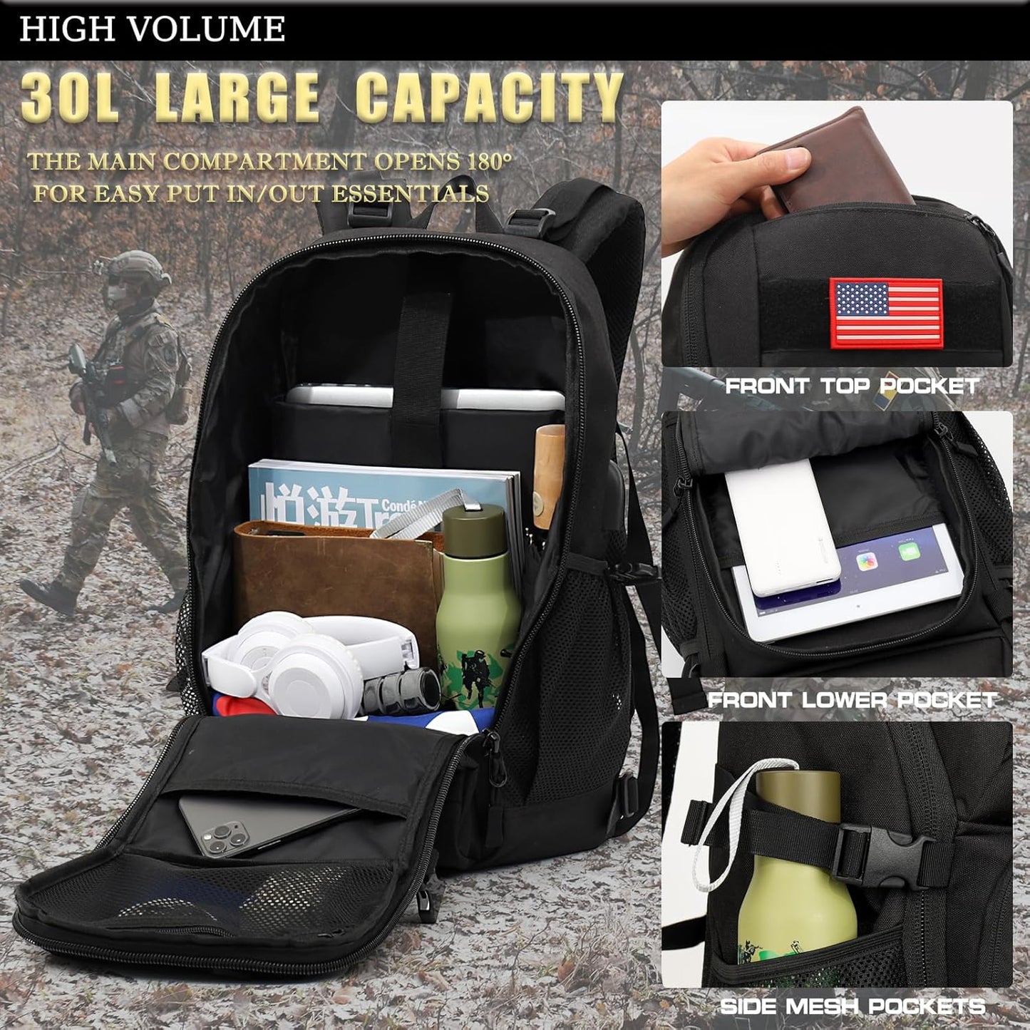 outdoor plus Camo Backpack,Military Boys Backpacks for School,40L Army Bookbag with USB Charging Port Waterproof