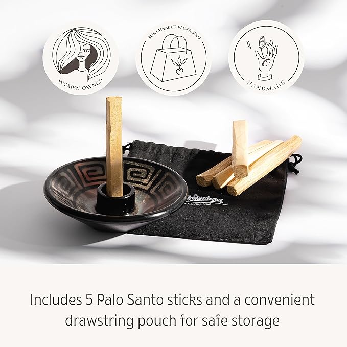 Luna Sundara Authentic Peru Pottery Palo Santo Stick Holder and Incense Holder Includes 5 Palo Santo Sticks Handmade Ceramic Smudge Bowl Sage Holder Palo Santo Holder (Blue)
