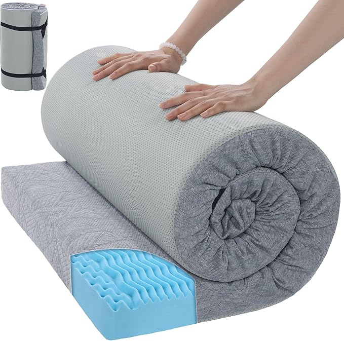 HOMBYS 3 Inch Thick Memory Foam Camping Mattress for Outdoor Sleeping, Roll Up Porable Camping Pad Mat with Knitted Cover for Travel Truck Bed Tent