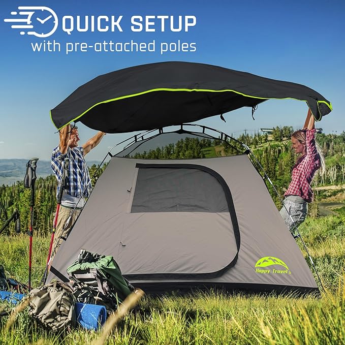Happy Travel Camping Tent, 4 Person Dome Tents for Camping with Rainfly, Waterproof Clip Easy Setup Portable Family Tent with Mesh Windows, 20% More Headroom Backpacking Tents for Camping & Hiking