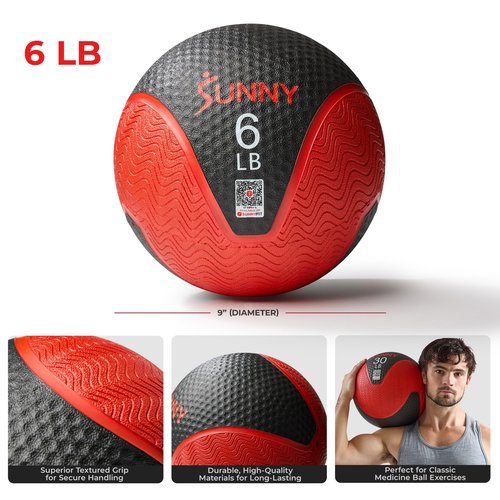 Sunny Health & Fitness 6LB Medicine Ball, Textured Rubber, Core Strength & Balance Training, Bouncing, Weight for Home Workouts SF-EB03-6