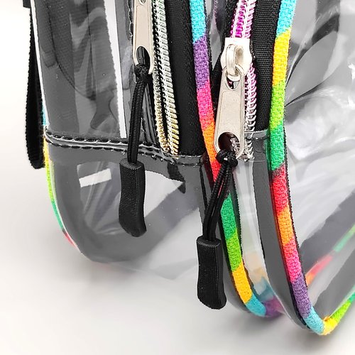 Clear Small Mini Backpack for Stadium Events, Concerts, Festivals, Stadium Approved, Size 9"H x 7"L x 3.5"W, Rainbow Canvas, Colorful Zippers, Adjustable Straps, 2 Compartments, Carrying Handle