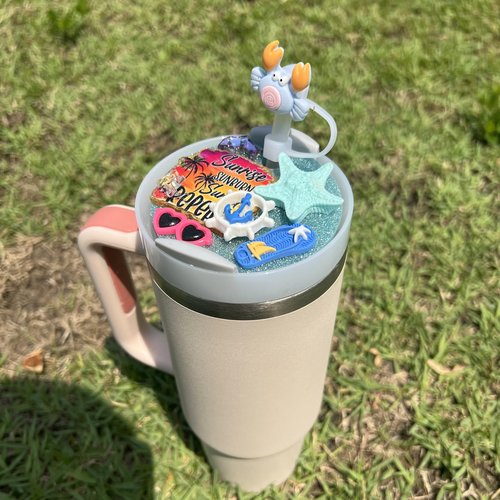 Cute Coastal Beach Vacation Charm for Stanley Cup Accessories 40 Oz Tumbler with Silicone Straw Cover Cap and Lid Plate