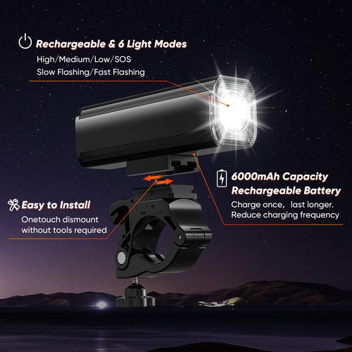 2025 New Bike Lights for Night Riding, Aluminum 1200 Lumens Rechargeable 6000mAh Super Bright Bicycle Headlight and Back Taillight, Waterproof LED Display 6+4 Modes Bicycle Lights Sets
