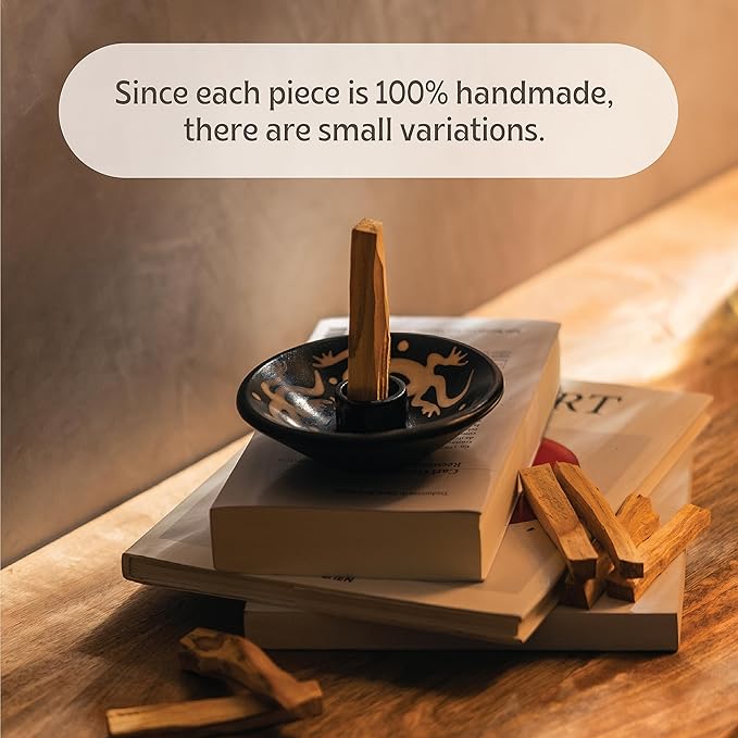 Luna Sundara Authentic Peru Pottery Palo Santo Stick Holder and Incense Holder Includes 5 Palo Santo Sticks Handmade Ceramic Smudge Bowl Sage Holder Palo Santo Holder (Black and White Lizard)