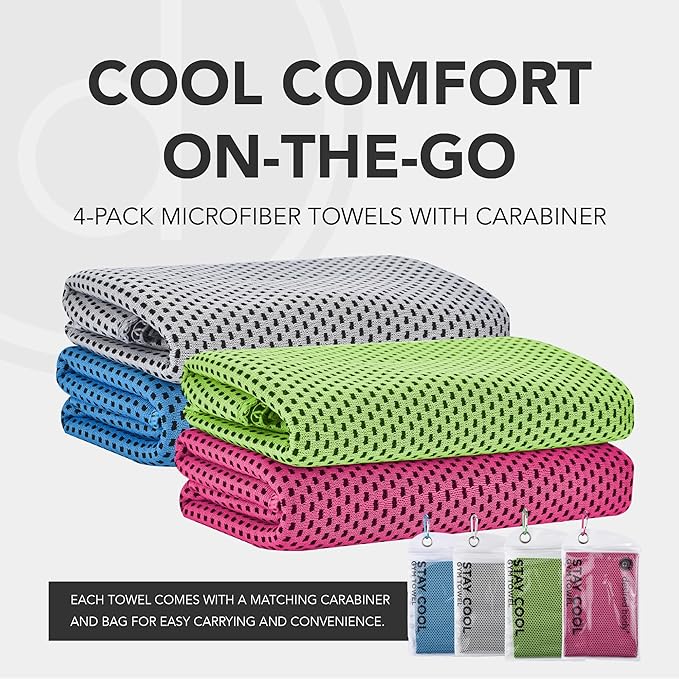 Microfiber Cooling Towels for Neck and Face - 4 Pack 40x12” Mesh Quick Dry Gym Towels for Working Out with Waterproof Bag and Carabiner - Sweat Rag for Gym, Sports, Outdoor Activities