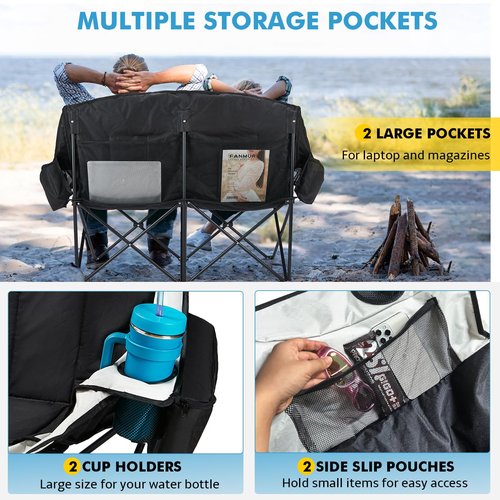 Seaonar Double Camping Chair for Adults Outdoor Folding Chair with 2 Cooler Bags Support 500lbs Heavy Duty Camp Chair for Outdoor Sports Beach - Black&Grey
