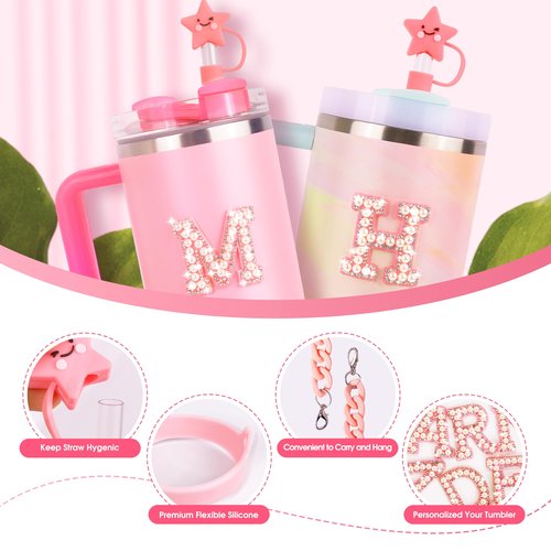 WINOWIMO 8 Pcs Pink Accessories Set for Stanley Cup 30 oz 40 oz, Silicone Glitter Boot, Star Straw Cover, Pom-Pom Charm, Letter Charm, Water Bottle Handle, Initial Sticker for Stanley Tumbler (M)