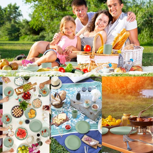 Gudvilla Camping Plates Cups and Bowls Set Green Reusable Microwave Safe Lightweight Unbreakable Plastic Dishes Set for Kids Elderly Kitchen Adults Outdoor,32 Pcs Holiday Dinnerware Sets for 8