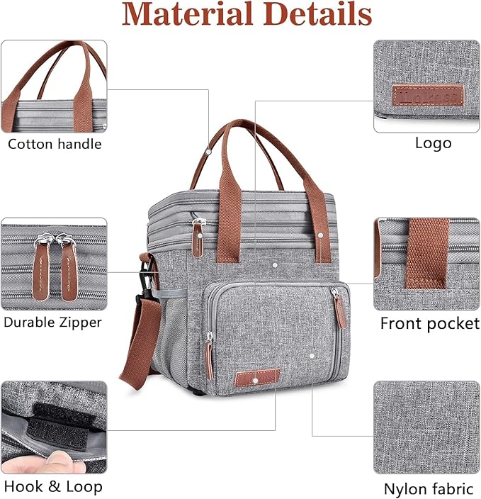 LOKASS Lunch Bag for Women/Men Work, 16L Expandable Double Deck Lunch box, Waterproof Leak-proof Cooler Bag, Portable Meal Prep Lunchbag with Adjustable Shoulder Strap-Grey