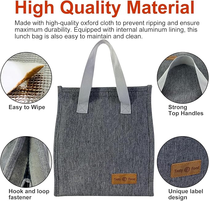 Mziart Minimalist Lunch Bag, Reusable Insulated Lunch Bag for Women Men Lunch Box Container Leakproof Simple Bento Lunch Tote Adults Lunch Cooler Bag for Work Office Picnic or Travel (Grey)