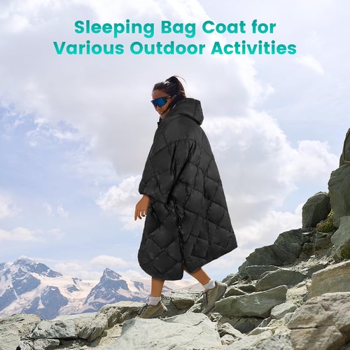 CPJCMP Wearable Camping Blanket Honcho Poncho - Stadium Blanket, Sleeping Bag for Adults, Packable Ultralight Warm & Waterproof for Cold Weather,Sports, Outdoor Camping, Hiking - Black