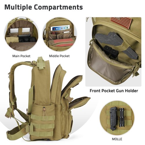 CVLIFE Tactical Backpack for Men Military Army Backpack 40L Large Molle Army Assault Pack Bug out Bag Tactical Military Survival Rucksack for Hiking, Hunting, Travel, Fishing, Camping, Tan