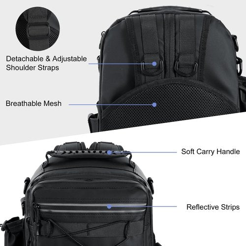 MoKo Fishing Backpack Sling Bag with Rod & Gear Holder, Nylon Waterproof Fishing Tackle Storage Bag for Fish, Camping, Hiking, Hunting, Perfect Gifts for Men Father, Black