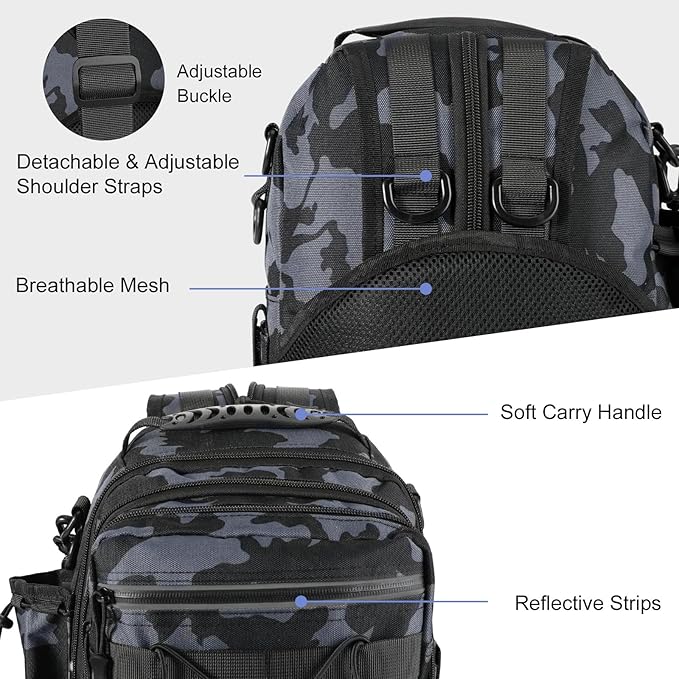 MoKo Fishing Backpack Sling Bag with Rod & Gear Holder, Nylon Waterproof Fishing Tackle Storage Bag for Fishing