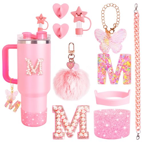 WINOWIMO 8 Pcs Pink Accessories Set for Stanley Cup 30 oz 40 oz, Silicone Glitter Boot, Star Straw Cover, Pom-Pom Charm, Letter Charm, Water Bottle Handle, Initial Sticker for Stanley Tumbler (M)