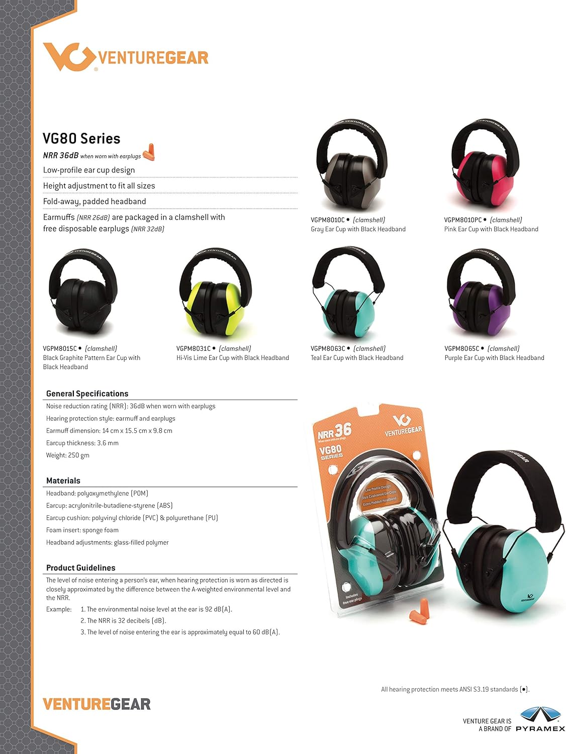 Venture Gear VG80 Series Adult Hearing Protection Earmuff, Hi Vis Orange, VG Clamshell (Model: VGPM8041C)