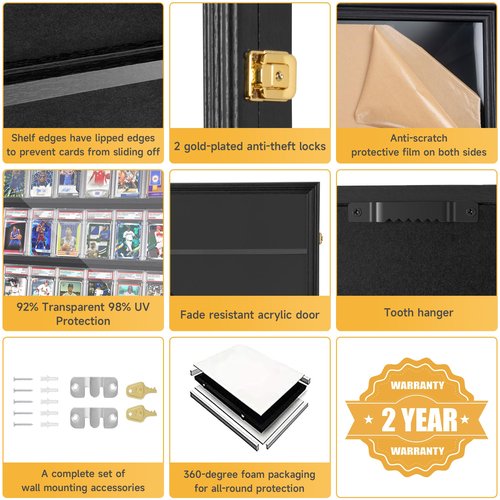 WELIDAY Graded Sports Card Display Case - 35 Baseball Sports Card Display Frame with UV Protection, Clear View Lockable Wall Cabinet for Collectible Trading Card