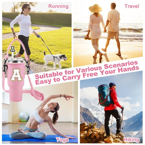 Initial A-Z Water Bottle Carrier Bag with Strap for Stanley 40oz Tumbler with 2 Letter Stanley Straw Topper Covers & 2 Letter Charms,Personalized Water Bottle Holder for Stanley Cup Accessories,Pink-O