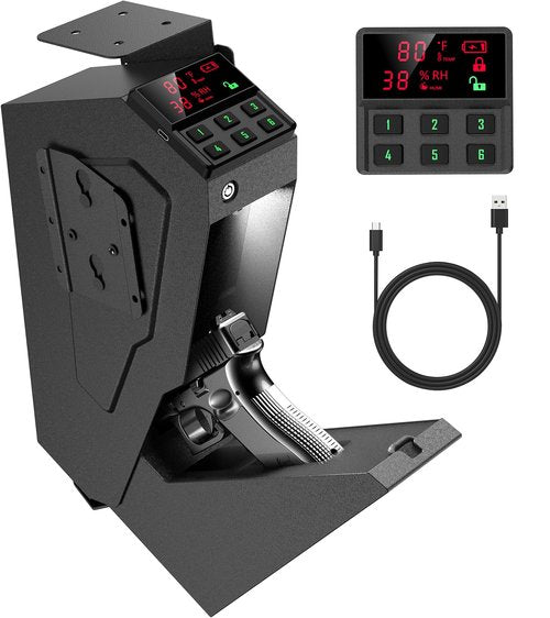 QINGENO Quick-Access Mounted Nightstand Handgun Gun Safe,Auto Open Lid Smart Pistol Safe with Keypad Lock/Key Lock (QG8002E Keypad)