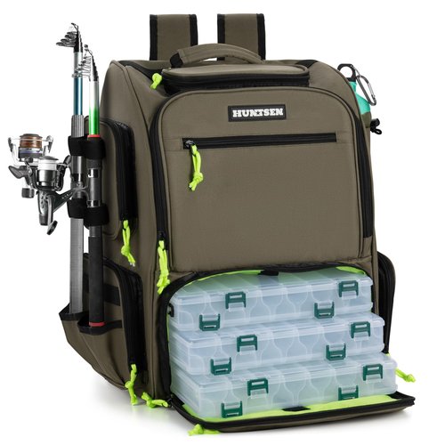 HUNTSEN Fishing Tackle Backpack - 43L Large Waterproof Fishing Bag with Rod Holders & 3 Tackle Boxes - Fish Tackle Storage Bag with Rain Cover Fishing Gear and Gifts For Men For Fishing Camping Hiking